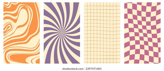 Vector set of groovy hippie 70s backgrounds. Vertical retro posters. Chessboard, twisted, wavy,swirl, rays trendy backgrounds