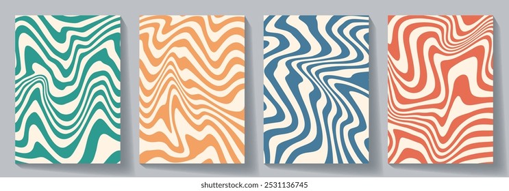 Vector set of groovy hippie backgrounds with waves and swirl pattern.  Distorted pastel color vector texture in trendy retro psychedelic style. Wavy design in a retro 1970s hippie style.