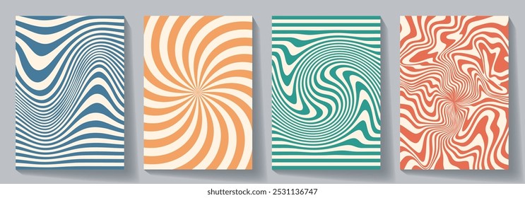 Conjunto de Vector de groovy fondos hippie con ondas y patrón de remolino.  Textura de Vector de color pastel distorsionado en estilo psicodélico retro de moda. Diseño ondulado en un estilo hippie retro de los años 70.