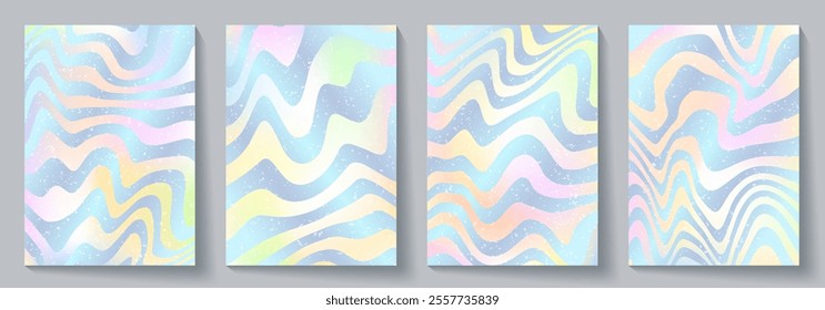 Vector set of groovy hippie backgrounds with waves and swirl pattern. Distorted pastel color vector texture in trendy retro psychedelic style. Wavy design in a retro 1970s hippie style.