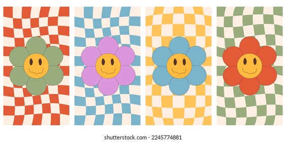 Vector set of groovy hippie vertical posters with funny daisy.Retro aesthetic backgrounds with groovy daisy flowers. Set of vector backgrounds in trendy retro trippy y2k style.