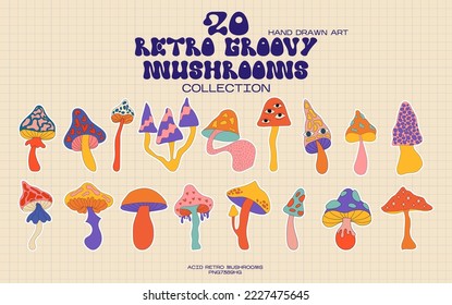Vektorset aus Pilzen. Retro-Design-Elemente im Stil der 90er Jahre. Trendy-helle Säure-Aufkleber im Cartoon-Stil