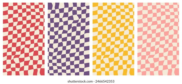 Vector set of groovy poster set. Vertical checkerd backgrounds in trendy retro 70s style.