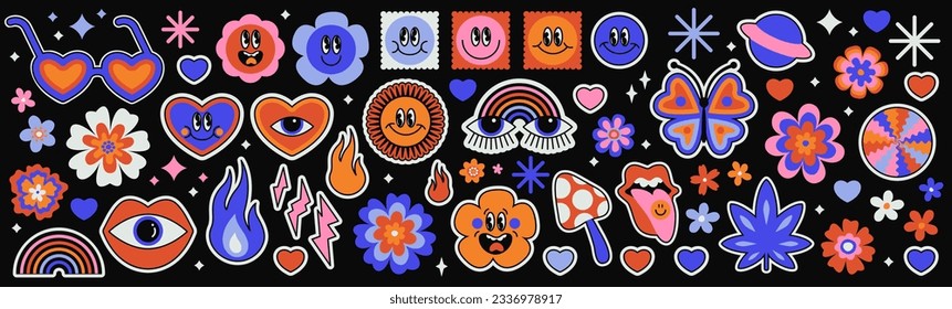 Vector set of groovy psychedelic stickers, emoticons, flowers, sparkles. Bold retro illustrations. Trippy social media emojis. Cool funky hippie labels, patches, icons. Faces with different emotions