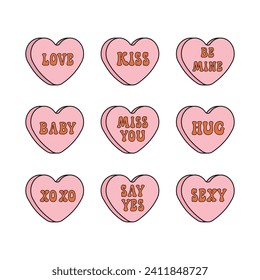 Vector set of groovy retro cartoon Valentine love candies isolated on white background