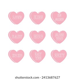 Vector set of groovy retro cartoon pink Valentine love candies isolated on white background