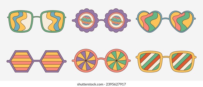 Vector set of groovy sunglasses in trendy retro 70s style.