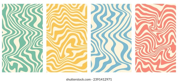 Vector set of groovy wavy vertical posters.Twisted and distorted backgrounds in trendy 70s retro psychedelic style