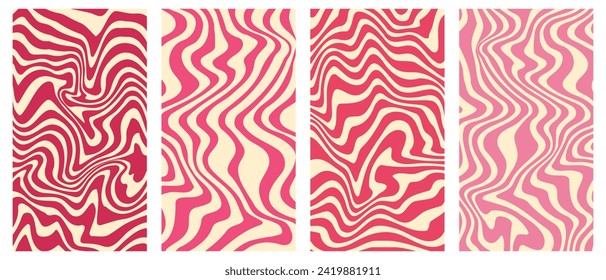 Vector set of groovy wavy vertical posters.Twisted and distorted backgrounds in trendy 70s retro psychedelic style