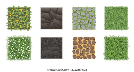 Vector set. Ground texture with grass, stones, cracks, flowers. Top view. Squares. 
