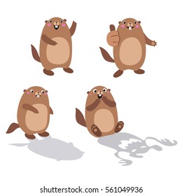 Vector set of groundhog with his shadow and without it. Flat style