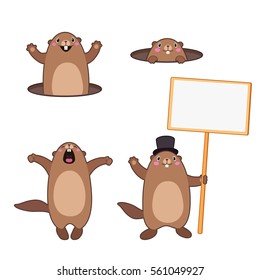 Vector Set of groundhog popping out of his hole and holding a blank sign board for message. With cartoon outlines