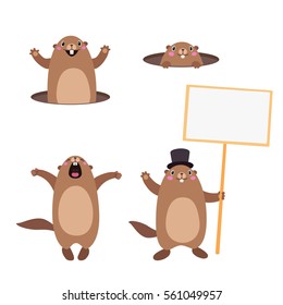 Vector Set of groundhog popping out of his hole and holding a blank sign board for message. Flat style