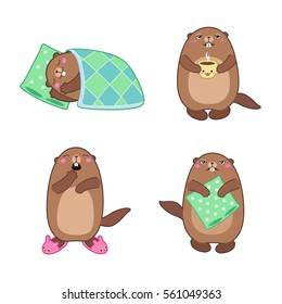 Vector set of groundhog sleeping and waking up. With cartoon outlines