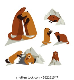 Vector set of groundhogs on white background. Isolated rodent icon for polygraphy, web design, logo, app, UI.