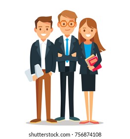 Vector set of group of 4 four businessman office workers young business people standing with crossed arms, crossed, folded hands ,up straight in various poses,isolated illustration with folder, gadet.