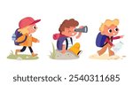 Vector set group of boy girl scouts. The boy is sitting looking through telescope. young tourists traveling kids walking with travel bag backpacks and map, walking by route. Hiker travelers collection