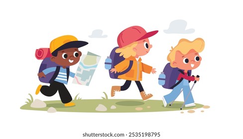 Vector set group of boy girl scouts young tourists traveling kids walking with travel bag backpacks and map, walking by route on vacation trip. Travelers collection. Hiker traveler  Tourism concept.