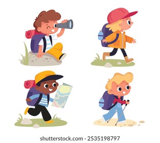 Vector set group of boy girl scouts young tourists traveling kids walking with travel bag backpacks and map, walking by route on vacation trip. Travelers collection. Hiker traveler  Tourism concept.