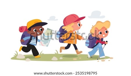 Vector set group of boy girl scouts young tourists traveling kids walking with travel bag backpacks and map, walking by route on vacation trip. Travelers collection. Hiker traveler  Tourism concept.