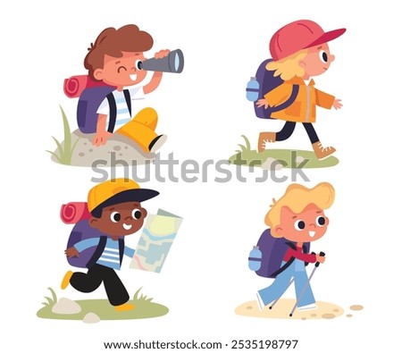 Vector set group of boy girl scouts young tourists traveling kids walking with travel bag backpacks and map, walking by route on vacation trip. Travelers collection. Hiker traveler  Tourism concept.