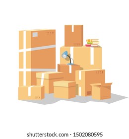 Vector set of group of cardboard boxes. Transport or removal company offering services of relocation, moving to other city, state, country. Cartoon collection isolated on white.