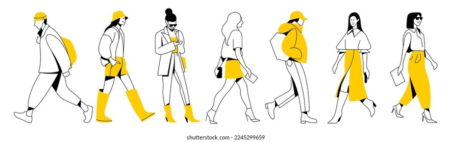 vector set. group of different minimalistic linear people with bright yellow accents in trendy flat design style. useful for web, graphic design, print, mobile applications, flyers, brochures, banners