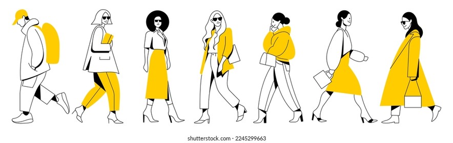 vector set. group of different minimalistic linear people with bright yellow accents in trendy flat design style. useful for web, graphic design, print, mobile applications, flyers, brochures, banners