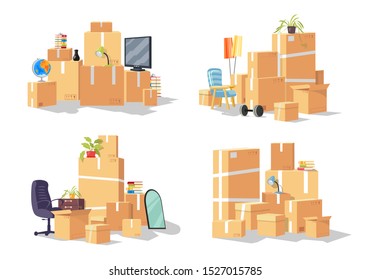 Vector Set Of Group Of Furniture, Cardboard Boxes. Design For Transport Or Removal Company Offering Services Of Relocation, Moving To Other City, State, Country. Cartoon Collection Isolated On White.