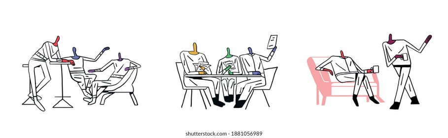 Vector Set with Group of people meeting and talking. Concept of teamwork and business communication on project. Line Art Drawing and flat design Vector Isolated of White.