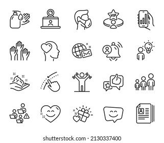 Vector set of Group people, Voting hands and Video conference line icons set. Like, Teamwork and Friend icons. Smile face, Analysis app and User notification signs. Group people web symbol. Vector