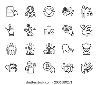 Vector set of Group, Success and Work home line icons set. Hold document, Hold heart and Global business icons. Touchscreen gesture, Cooking chef and Career ladder signs. Group web symbol. Vector