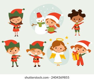 Vector set, group of xmas characters, santa's elfs, gremlins and elfins, symbols, heroes, personages, emblems.