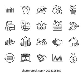 Vector set of Growth chart, Contactless payment and Crown line icons set. Money diagram, Vip shopping and Line graph icons. World money, Accounting report and Add products signs. Vector