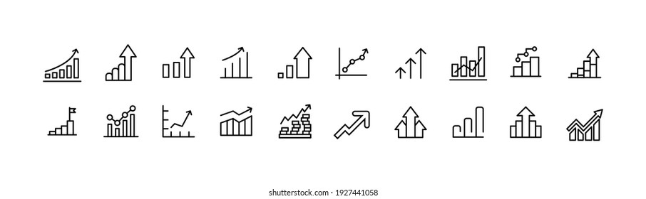 Conjunto vectorial de iconos de línea delgada de crecimiento. Diseño de 20 pictogramas de infarto. Signos de crecimiento aislados en un fondo blanco.