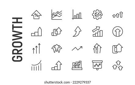 Conjunto vectorial de iconos de línea delgada de crecimiento. Diseño de 20 pictogramas de infarto. Signos de crecimiento aislados en un contexto blanco.