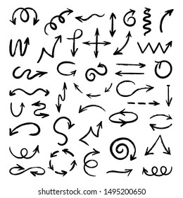 Vector set of grunge arrows in hand drawn style isolated on white background. Abstract different black grunge arrows. Collection of doodle decor elements for design, concept, template, application.