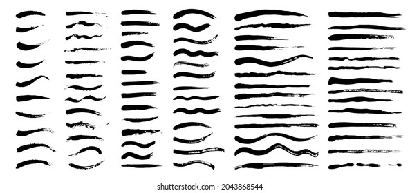 Vector set of grunge artistic brush strokes, brushes. Creative design elements. Long, short, edged black lines.