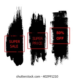 Vector set of grunge artistic brush strokes, brushes. Creative design elements. Sale, special offer, discount stickers, banners.