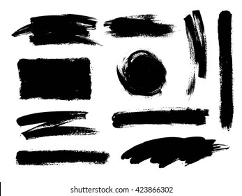 Vector set of grunge artistic brush strokes. Creative design elements. Hand drawn black  objects, shapes.