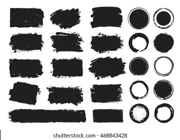 Vector set of grunge artistic brush strokes, design elements, circles. Empty black backgrounds, frames for text or quote.