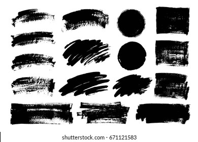 Vector set of grunge artistic brush strokes, design elements, textures, brushes. Empty black backgrounds, frames for text or quote.