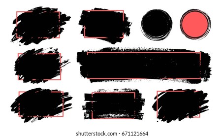 Vector set of grunge artistic brush strokes, design elements, textures, brushes. Empty black backgrounds, frames for text or quote.