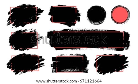 Vector set of grunge artistic brush strokes, design elements, textures, brushes. Empty black backgrounds, frames for text or quote.