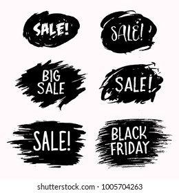 Vector set of grunge artistic sale labels, in brush strokes, black friday, stickers