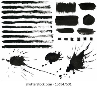 vector set of grunge black ink brush strokes, splash, design elements