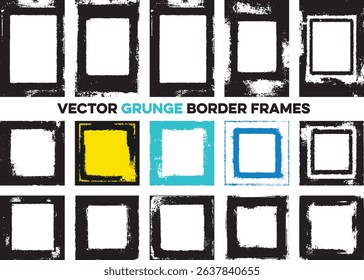 Vector set of grunge border frames. Includes various distressed square and rectangular shapes in black, white, yellow, and blue. Perfect for adding a rough, edgy, and urban feel to photos and designs.