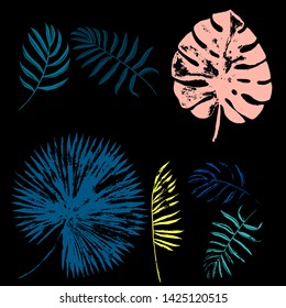 Vector set of grunge bright tropical leaves of palm trees on the black background. Vector grunge leaves. Tropical illustration. Jungle foliage. Cool floral wallpaper