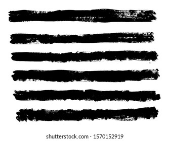 Vector set of grunge brush strokes for borders and edges. Ink freehand painted lines. Linear dividers. Black vector brush strokes collection. Black paint spots vector set.
