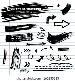 Vector set of grunge brush strokes. Exercise book paper in the lineup. Vector EPS 10 illustration.